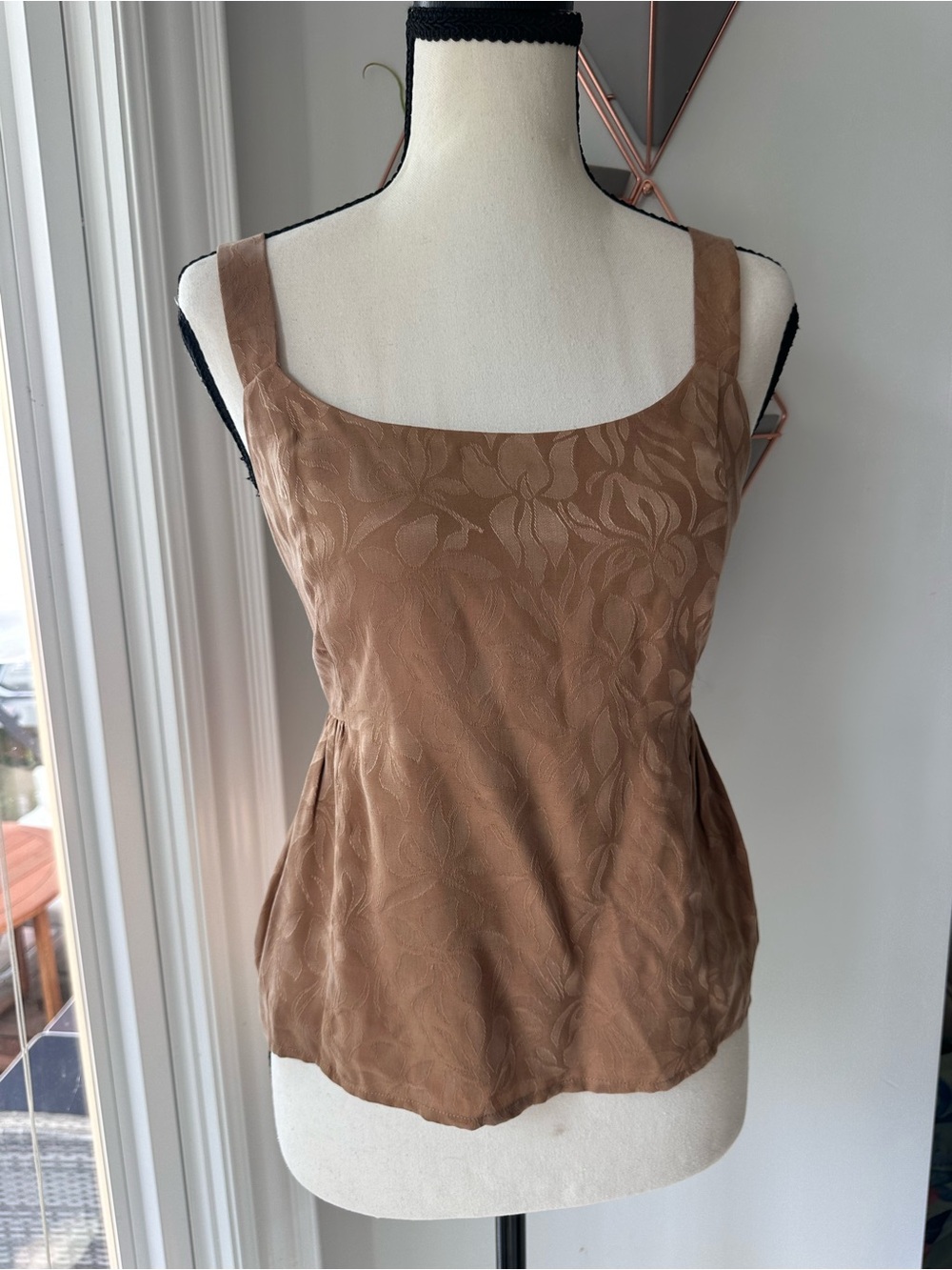 SMASH + TESS Brown Tan Floral Jacquard Square Neck Peplum Polly Tank Top SMALL